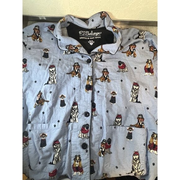 PJ Salvage Pajama Top Women's L Dogs Eyeglasses Flannel Button Up Blue - Picture 16 of 16